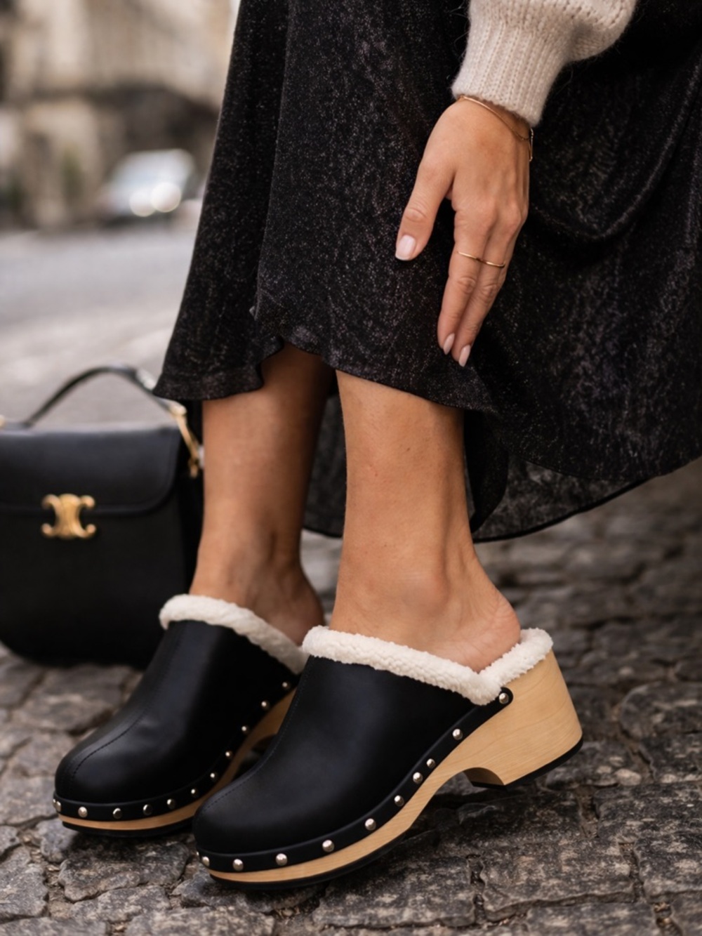 Sleeper Matilda Black Shearling Clogs Studded Wood Heel EU 38 US 8